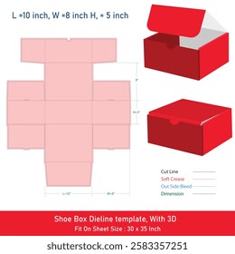 Shoe Box Dieline template, With 3D 10x8x5 inch, Vector File