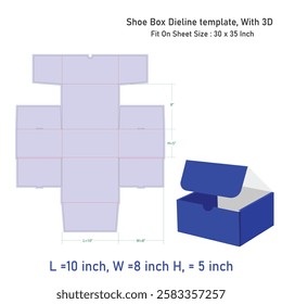 Shoe Box Dieline template, And 3D 10x8x5 inch, Vector File