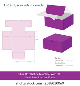 Shoe Box Dieline template, With 3D 8x6x4 inch, Vector File