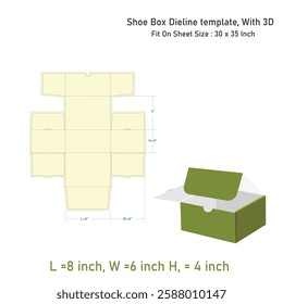 Shoe Box Dieline template, With 3D 8x6x4 inch, Vector File