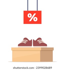 Shoe box with footwear. Stylish modern boots on box, side view. The price tag with discount percent sign. Shoes sale in store. Vector illustration