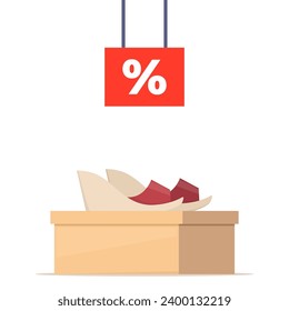 Shoe box with footwear. Stylish modern woman shoes on box, side view. The price tag with discount percent sign. Shoes sale in store. Vector illustration