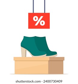 Caja de zapatos con calzado. Zapatillas mujeres modernas y elegantes en la caja, vista lateral. La etiqueta de precio con porcentaje de descuento. Venta de zapatos en la tienda. Ilustración del vector