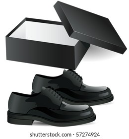 shoe box and man's black business shoes vector illustration