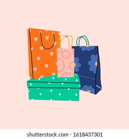 Shoe box with various Colorful paper Shopping or gift bags. Sacks for purchases, presents. Hand drawn vector illustration. Shopping, sale concept