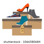 Shoe boxes with woman s footwear. Stylish modern sneakers, woman's high heel shoes on box, side view. The price tag with discount of 50 percent. Shoes sale in store. Vector flat illustration