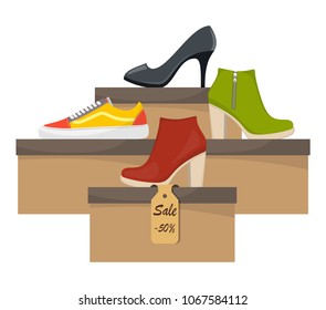 Shoe Boxes With Woman S Footwear. Stylish Modern Sneakers, Woman S High Heel Shoes On Box, Side View. The Price Tag With Discount Of 50 Percent. Shoes Sale In Store. Vector Flat Illustration