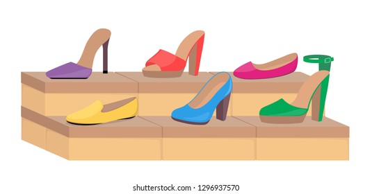 Shoe Boxes With Woman S Footwear. Stylish Modern Woman S Shoes On Boxes, Side View. Shoes In A Store. Vector Flat Illustration