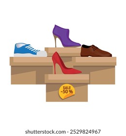 Schuhkartons mit Damenschuhen. Moderne und stylische Turnschuhe, Frauen High Heel Schuhe in der Box, Seitenansicht. Der Preis mit 50% Rabatt. Verkauf von Schuhen im Geschäft. Flache Vektorgrafik.