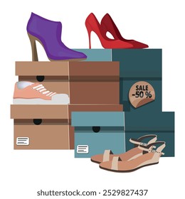 Shoe boxes with women's shoes. Modern and elegant sneakers, side view. The price with a 50% discount. Sale of shoes in the store. Vector illustration