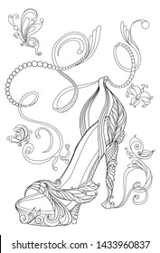 Shoe with butterflies. Coloring books for adults. Standard picture for a t-shirt or tattoo. 