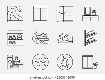 Conjunto de iconos de línea de gabinete de zapatos con beneficios para zapatos seguros con diseño de material y textura con Vector de ilustración de línea.