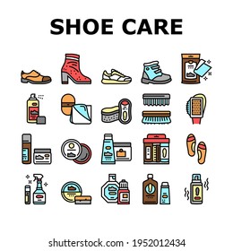 Shoe Care Accessories Collection Icons Set Vector. Leather And Velvet, Children And Everyday Shoe Care, Brush And Sponges, Polishing Tool Concept Linear Pictograms. Contour Illustrations