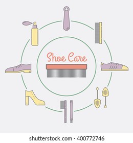 Shoe Care Products. Shoe Accessories Icons In A Circle.