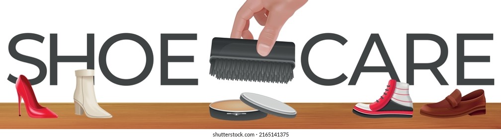Shoe care realistic banner with text footwear polish and hand holding brush vector illustration