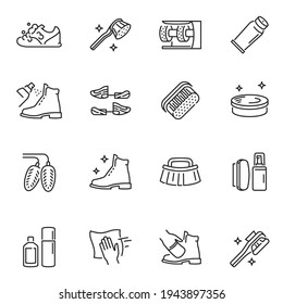 Shoe cleaning and care products thin line icons set isolated on white. Cleaner, water repellent spray, napkin pictograms collection. Brushes, wipe, deodorizer vector elements for infographic, web.