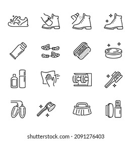 Shoe cleaning and care products thin line icons set, polish, footwear laundry