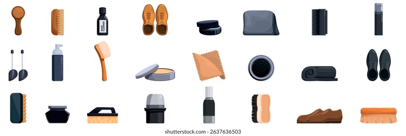 Shoe cleaning icons set. Essential tools and products for shoe shining, ensuring footwear is well maintained and polished