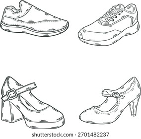 Ilustração do vetor da arte da linha da coleção de sapatos