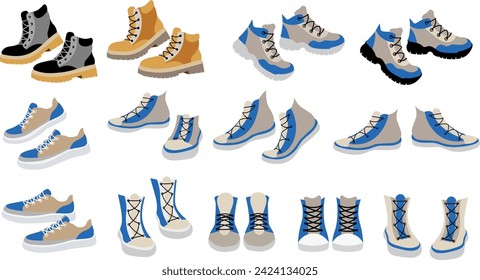 Shoe collection. Shoes with different soles for men and women. Flat vector illustration