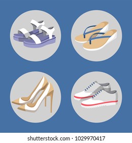 Shoe collection, summer mode, poster with circles images of footwear, flip-flops and sneakers, set of woman items, isolated on vector illustration