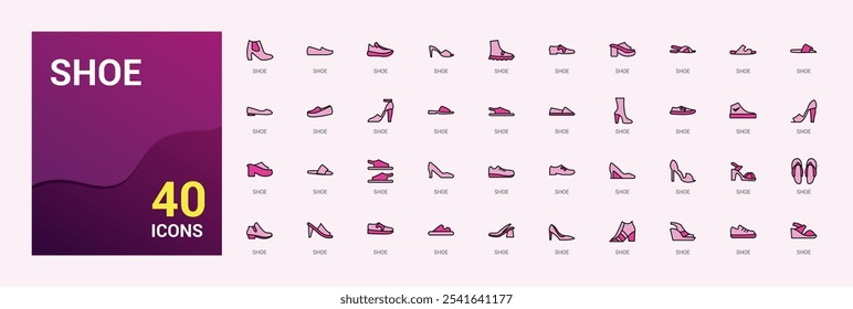 Shoe colorful line icon collections. Containing silhouette, style, sneaker, foot, fashion, tennis, male, shoe. Thin outline icons pack. Editable vector stroke.