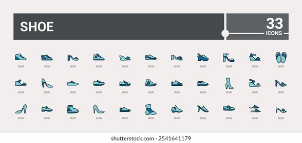 Shoe colorful line icon collections. Containing silhouette, style, sneaker, foot, fashion, tennis, male, shoe. Thin outline icons pack. Editable vector stroke.