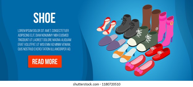 Shoe concept banner. Isometric banner of shoe vector concept for web, giftcard and postcard