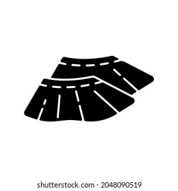 Shoe covers black glyph icon. Sterile plastic footwear. Protective wear from contamination. Quarantine safety. Disposable PPE. Silhouette symbol on white space. Vector isolated illustration