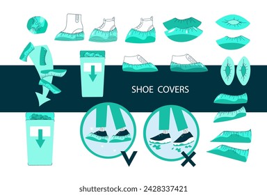 Shoe covers green icon set. Protective foot  medical covers. Medical footwear icon collection. Shoe clean set vector doodle line art flat cartoon illustration.