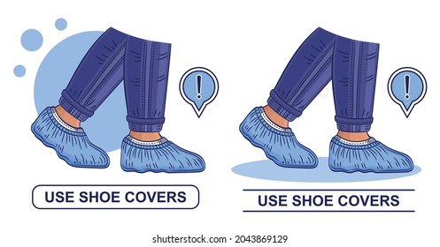 Juego de iconos de cubiertas de zapatos. Exceso quirúrgico desechable de protección médica. Usar uniforme médico personal estéril para pies. Protector del calzado. Bolsas de calzado de plástico. Protección del suelo limpio de la suciedad. Vector