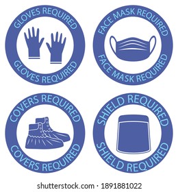 Shoe covers, mask, face shield and gloves are required. Protective medical covers. Medical personal protective equipment. Mask, protection shield, latex gloves and plastic shoe covers in blue color
