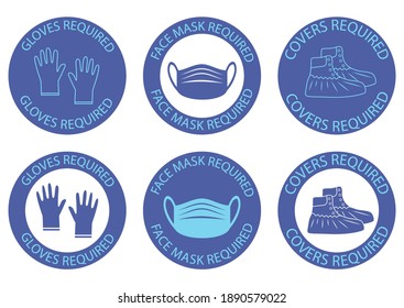 Se requieren cubiertas para zapatos, máscara y guantes. Cubiertas médicas de protección. Equipo médico de protección personal. Máscara. guantes de látex y tapas de zapatos plásticos de color azul. Insignia vedical. Vector aislado
