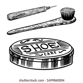 Shoe cream and brush for cleaning the soles. Vintage label. Hand drawn engraved sketch for T-shirt, logo or badges.