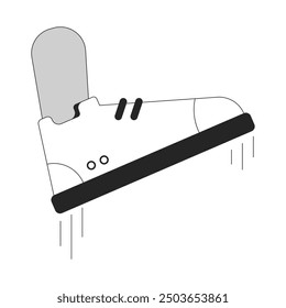 Shoe crushing in mid-air human foot outline illustration. Trample sneaker 2D isolated black and white vector image. Big step. Authority tyranny. Stomping footwear flat monochromatic drawing clip art