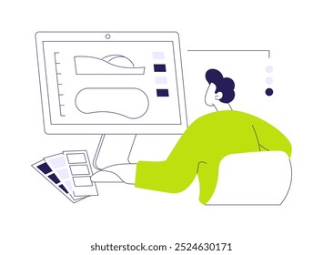 Shoe design abstract concept vector illustration. Shoemaker with computer deals with footwear design development, light industry, shoe production, sneakers manufacturing abstract metaphor.