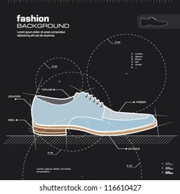 Shoe Design. Man Shoes Vector. Fashion Design Background. Vector Illustration. Infographics, Silhouette, Drawing, Sketch, Blueprint Concept.