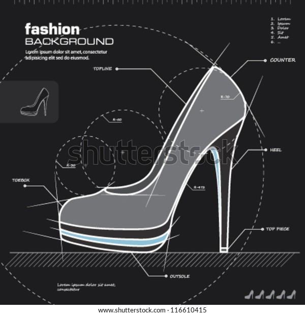 Shoe design. Woman shoes vector.\
Fashion design background. Vector illustration. Infographics, icon,\
drawing, sketch, silhouette, blueprint\
concept.