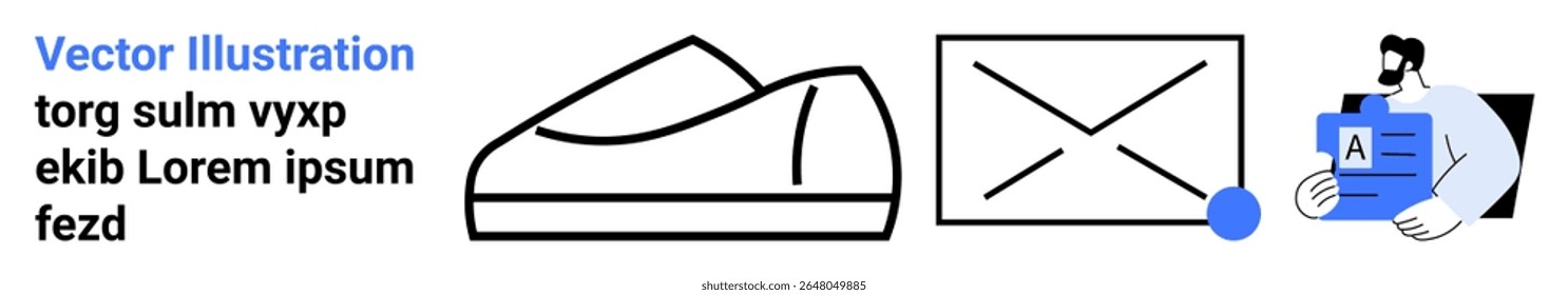 Shoe, envelope with notification dot, and a person holding an ID card. Ideal for business presentations, marketing materials, e-commerce websites, user interfaces, email notifications, identity