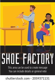 Shoe factory poster or banner - flat vector illustration. Man and woman creating handmade footwear, carving last with chisel and cutting leather with scissors. Concept of shoe manufacturing.