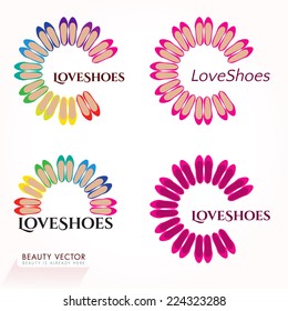 Shoe Fashion Business Sign vector template set. Silhouettes of woman's shoes in a sun/ flower like circle. Corporate icon for shoe selling business, store, boutique. Typography proposal. Editable.