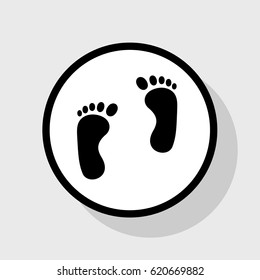 Shoe foot print. Vector. Flat black icon in white circle with shadow at gray background.