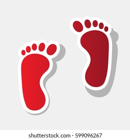 Shoe foot print. Vector. New year reddish icon with outside stroke and gray shadow on light gray background.