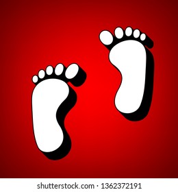 Shoe foot print. Vector. Perspective view of white icon with black outline at reddish background.