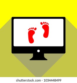 Shoe foot print. Vector. Red icon on white monitor of black all-in-one desktop computer with two shadows at yellow background.