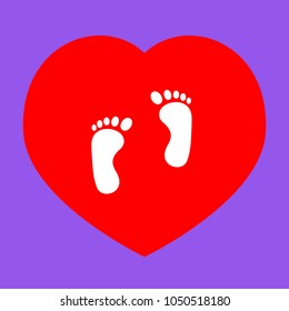 Shoe foot print. Vector. White icon in red heart at lavender background.