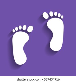 Shoe foot print. Vector. White icon with soft shadow on grape violet background.