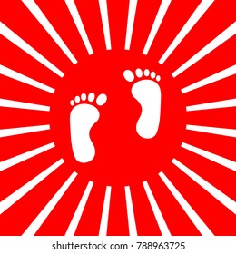 Shoe foot print. Vector. White icon on red sun with rays as background. Isolated.