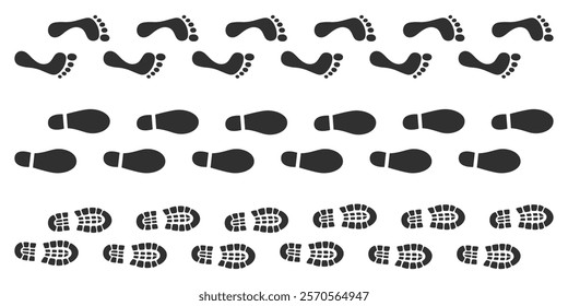 Shoe and foot prints set. Black feet, boots and sneakers footprints silhouettes. Human steps traces. Vector illustration isolated on white background.