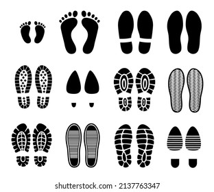 Shoe footprint, boot sole marks or tracks. Human baby or child barefoot imprint or footsteps collection, woman shoes with heels, sneakers and trekking boots vector black treads or trails